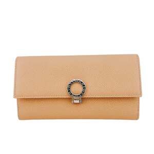 BVLGARI W-hook bifold logo clip long wallet in beige